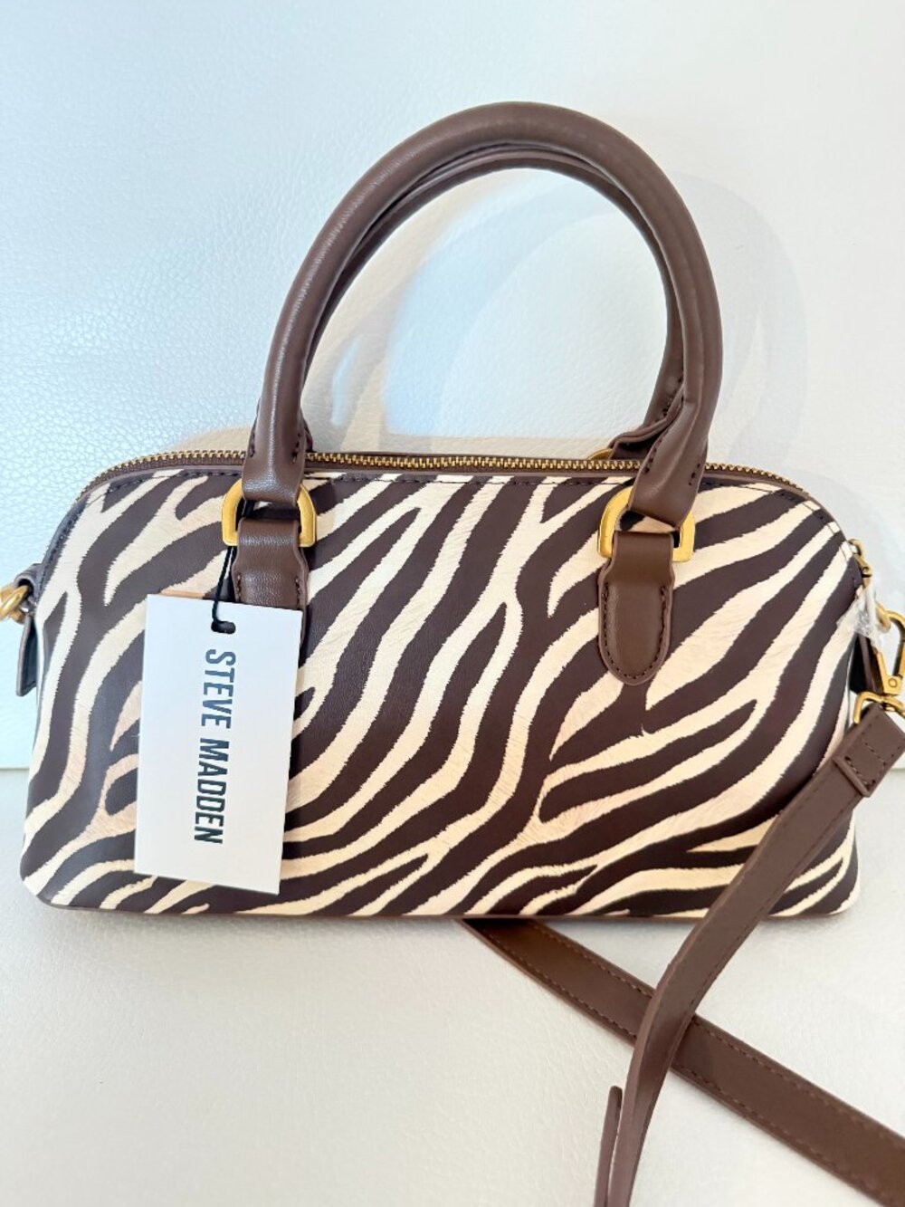 NWT STEVE MADDEN ZEBRA PRINT BSMYTH SATCHEL CROSSBODY BAG W CHARM BROWN - Picture 3 of 6